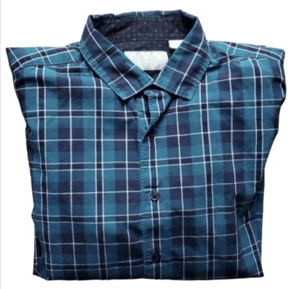 Claiborne Mens Slim Fit Stretch Teal Plaid Long Sleeve Buttondown Shirt Size L